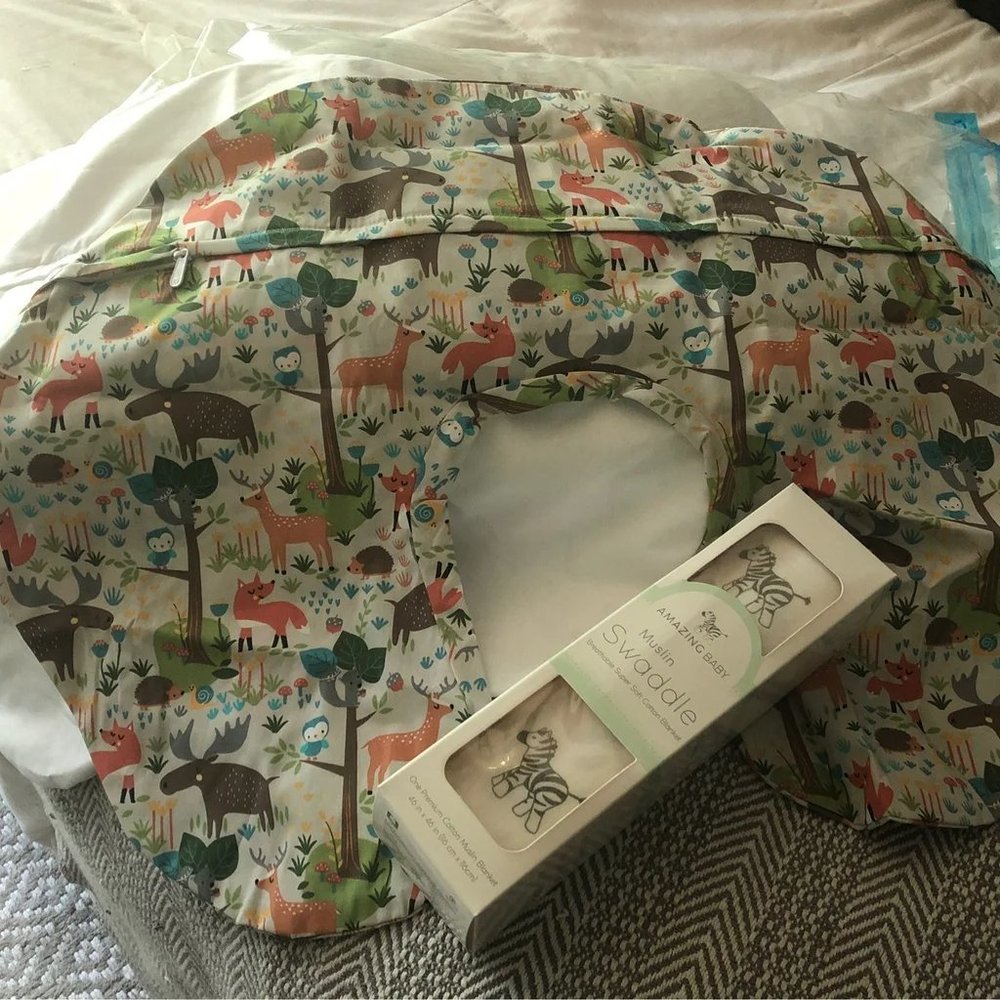 Boppy Pillow Covers with Breastfeeding Pillow and Zebra Muslin Swaddle